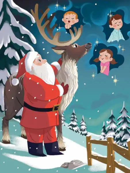Santa Claus with a reindeer looking at children’s thoughts in enchanting Santa Claus stories book Santa Claus with a reindeer looking at children’s thoughts in enchanting Santa Claus stories book
