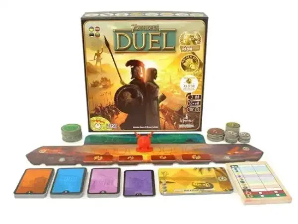 7 Wonders Duel board game with golden box, spartan warrior, cards, tokens, track 7 Wonders Duel board game with golden box, spartan warrior, cards, tokens, track