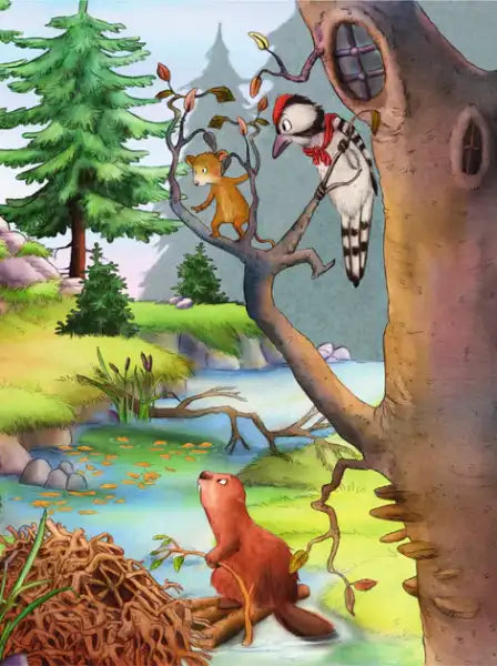 Illustration of forest animals by a river from Annette Amrhain’s Christmas stories for kids Illustration of forest animals by a river from Annette Amrhain’s Christmas stories for kids