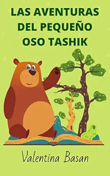 Tashik the Bear plush toy in Spanish edition, brown with tree back on book Tashik the Bear plush toy in Spanish edition, brown with tree back on book