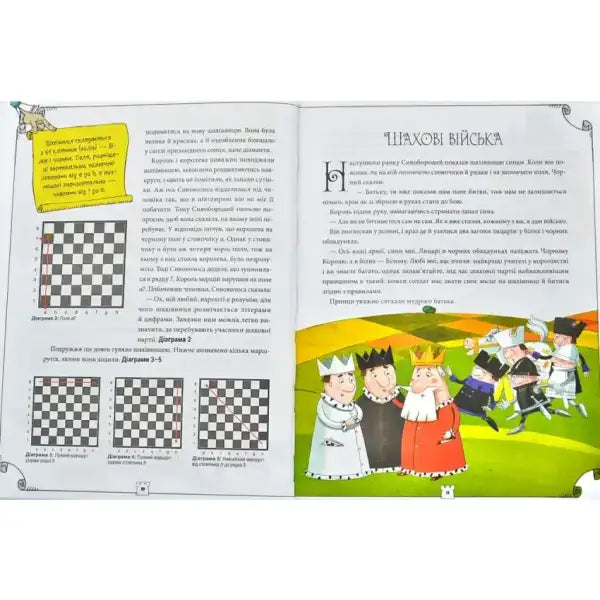 Open book with chess diagrams and illustrations from How to Teach Your Child to Play Chess in English books Open book with chess diagrams and illustrations from How to Teach Your Child to Play Chess in English books