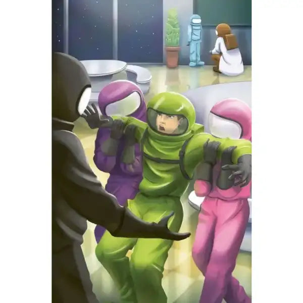 Among Us characters in tense scene from Ukrainian hardcover sci-fi mystery book Among Us characters in tense scene from Ukrainian hardcover sci-fi mystery book