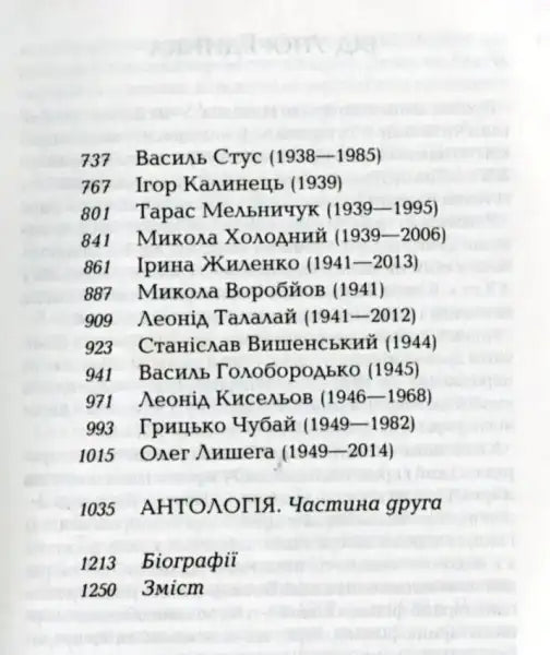 Page from Anthology of 20th Century Ukrainian Poetry showing names and dates Page from Anthology of 20th Century Ukrainian Poetry showing names and dates