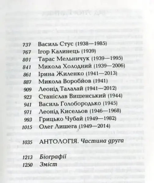 Page from Anthology of 20th Century Ukrainian Poetry showing names and dates Page from Anthology of 20th Century Ukrainian Poetry showing names and dates