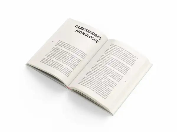 Open paperback book showing white pages from Bakhmut by Myroslav Laiuk war reportage books Open paperback book showing white pages from Bakhmut by Myroslav Laiuk war reportage books