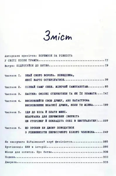 Table of contents in Ukrainian for Feminist Fight Club survival manual addressing workplace sexism Table of contents in Ukrainian for Feminist Fight Club survival manual addressing workplace sexism