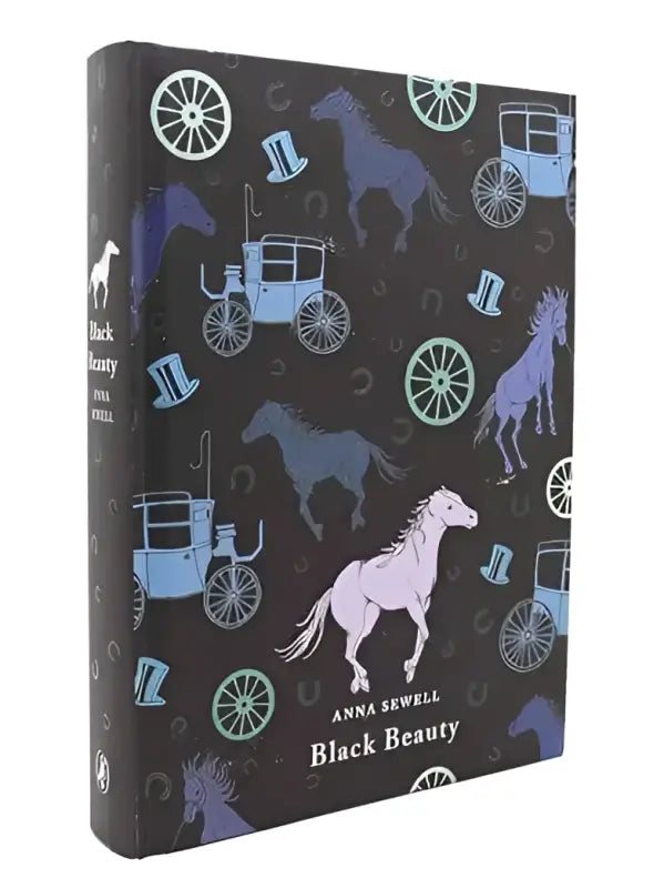 Cover of "Black Beauty" by Anna Sewell, featuring horses and carriages in a playful design.