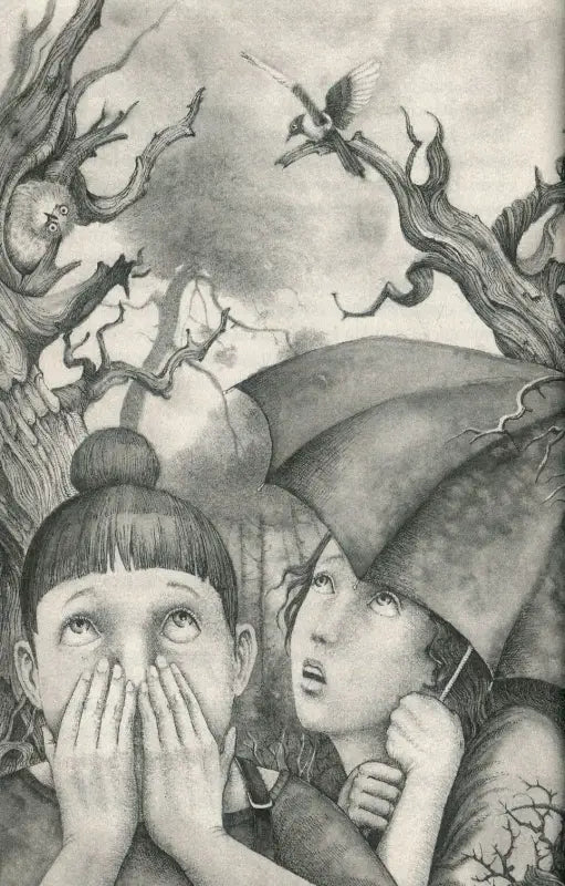 Worried children under umbrella.