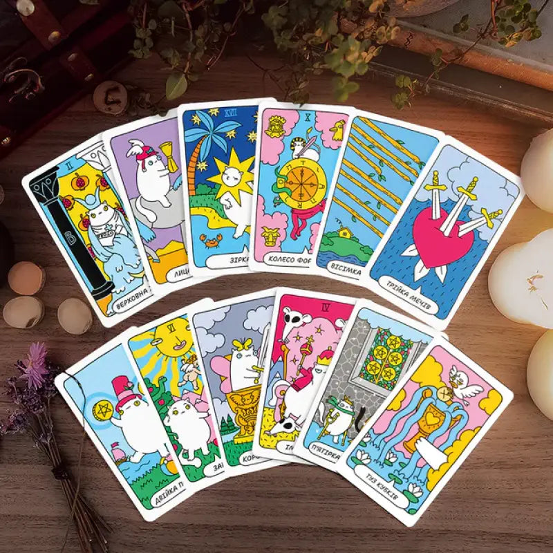 Cartoonish cat tarot cards from Cat Tarot Orner deck with digital guidebook Cartoonish cat tarot cards from Cat Tarot Orner deck with digital guidebook