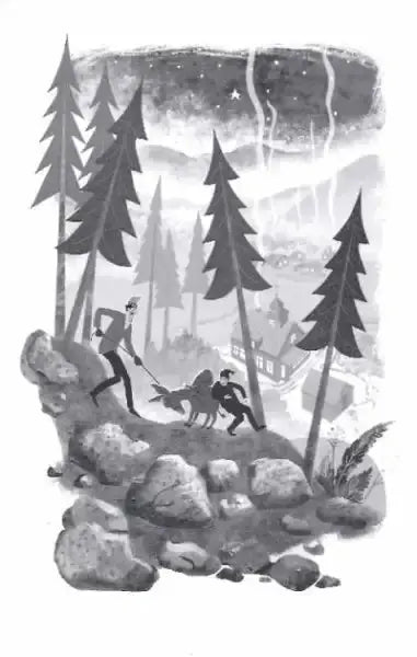 Christmas tale of Donkey Khvostyk by Oleksandr Havrosh showing figures and donkey in pine forest Christmas tale of Donkey Khvostyk by Oleksandr Havrosh showing figures and donkey in pine forest