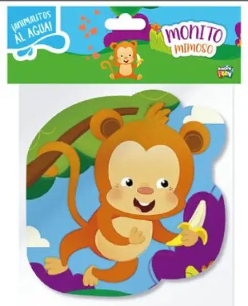 Cuddly Monkey plush toy with banana in colorful Animalitos al Agua packaging Cuddly Monkey plush toy with banana in colorful Animalitos al Agua packaging