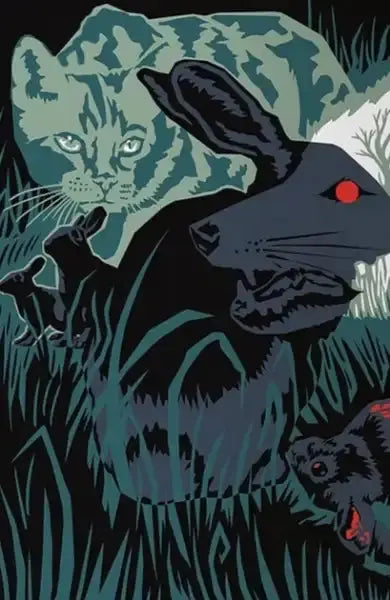 Stylized graphic art of a cat, rabbits, and a hare in a dark grassy scene for Dangerous Journeys Ukrainian Hardcover edition inspired by Richard Adams Stylized graphic art of a cat, rabbits, and a hare in a dark grassy scene for Dangerous Journeys Ukrainian Hardcover edition inspired by Richard Adams