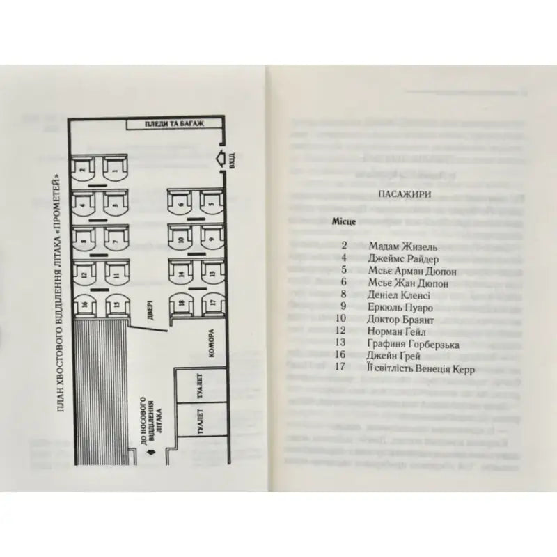 Airplane seating chart with passenger list on Ukrainian hardcover Agatha Christie Poirot novel Airplane seating chart with passenger list on Ukrainian hardcover Agatha Christie Poirot novel