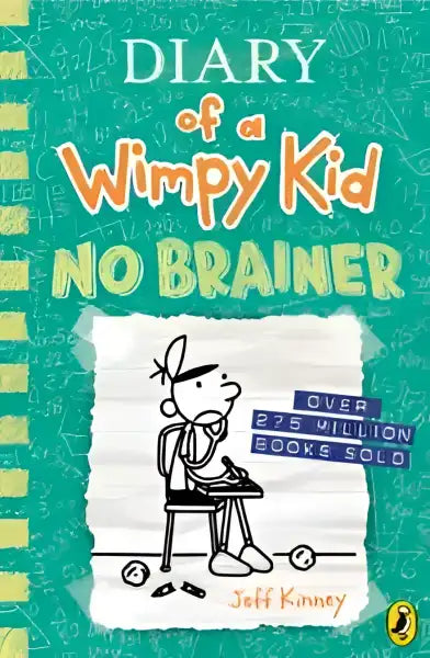 Book cover of Diary of a Wimpy Kid No Brainer by Jeff Kinney featuring a cartoon boy at a desk Book cover of Diary of a Wimpy Kid No Brainer by Jeff Kinney featuring a cartoon boy at a desk