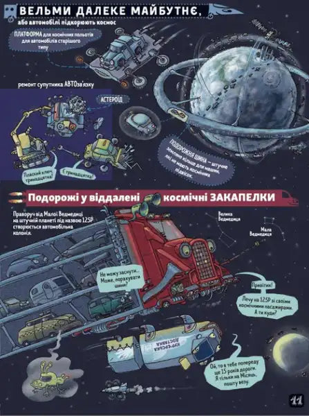 Illustrated infographic of futuristic space travel and vehicles from Artur Novitsky’s board book for young readers Illustrated infographic of futuristic space travel and vehicles from Artur Novitsky’s board book for young readers
