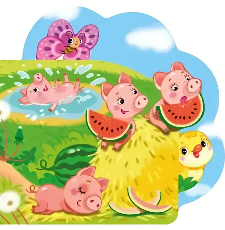 Cartoon pigs and chick with watermelon from Funny Rhymes About Everything board book for children aged