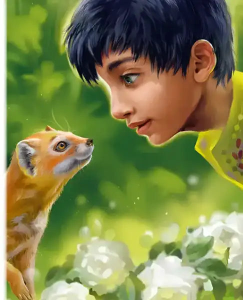 Boy and mongoose face-to-face from beautifully illustrated Ukrainian Rudyard Kipling edition for children aged Ukrainian Boy and mongoose face-to-face from beautifully illustrated Ukrainian Rudyard Kipling edition for children aged Ukrainian