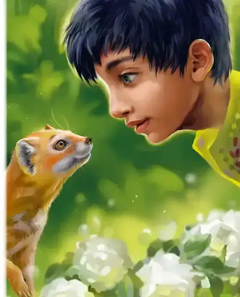 Boy and mongoose face-to-face from beautifully illustrated Ukrainian Rudyard Kipling edition for children aged Ukrainian Boy and mongoose face-to-face from beautifully illustrated Ukrainian Rudyard Kipling edition for children aged Ukrainian