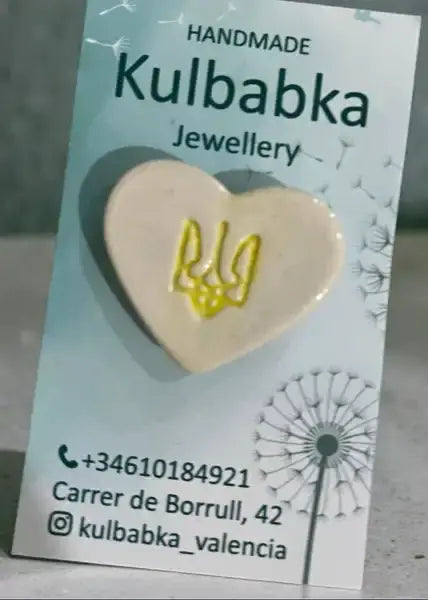 Handmade ceramic heart pin with Ukrainian trident emblem Handmade ceramic heart pin with Ukrainian trident emblem