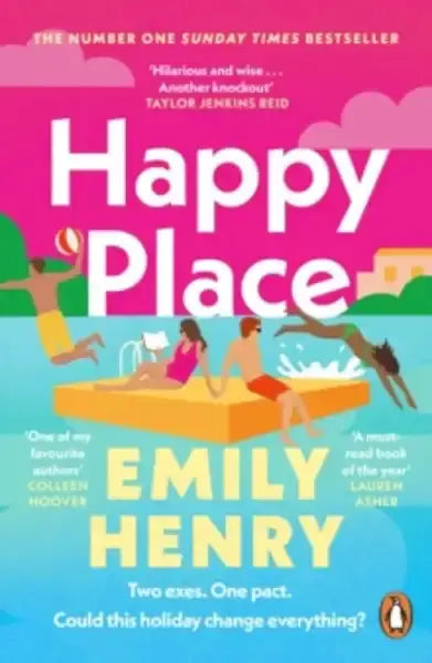 Happy Place by Emily Henry book cover with vibrant pink turquoise design Happy Place by Emily Henry book cover with vibrant pink turquoise design
