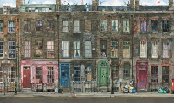 Old brick townhouses with colorful doors, featured in Harry Potter illustrated Ukrainian edition Old brick townhouses with colorful doors, featured in Harry Potter illustrated Ukrainian edition