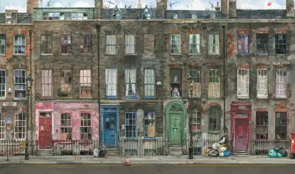 Old brick townhouses with colorful doors, featured in Harry Potter illustrated Ukrainian edition Old brick townhouses with colorful doors, featured in Harry Potter illustrated Ukrainian edition