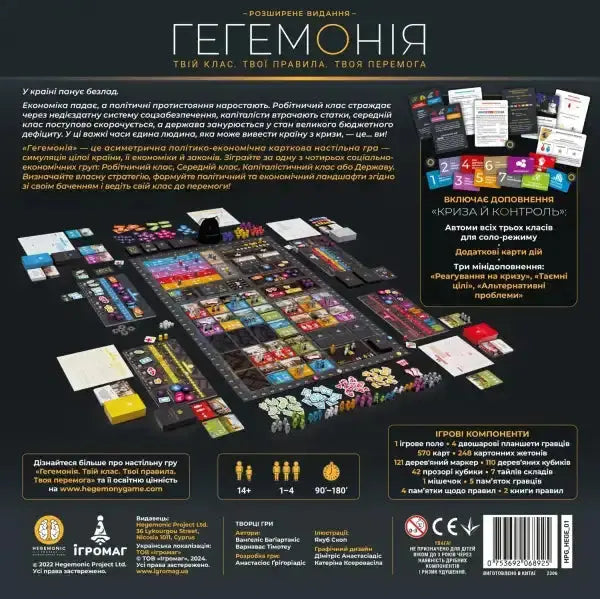 Back of Hegemony strategy board game box with components Back of Hegemony strategy board game box with components