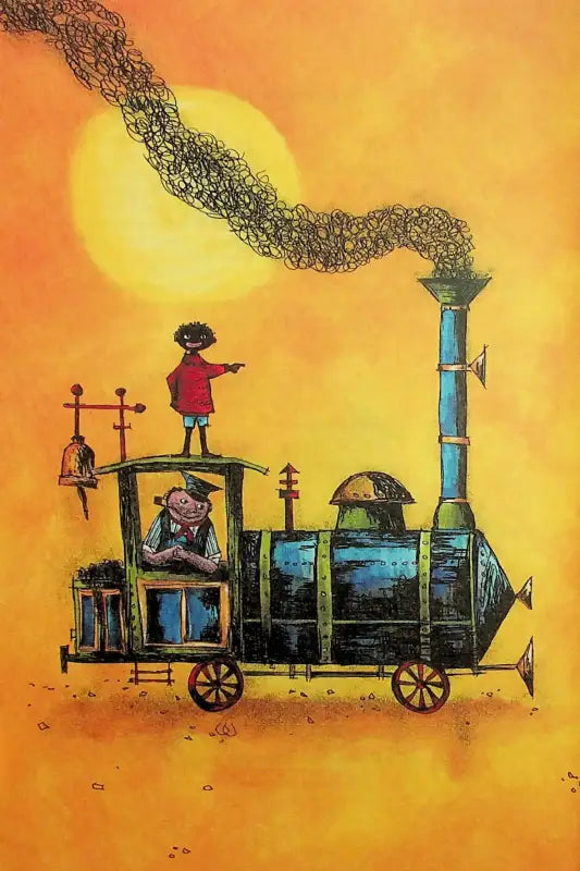 Whimsical steam train with two passengers.