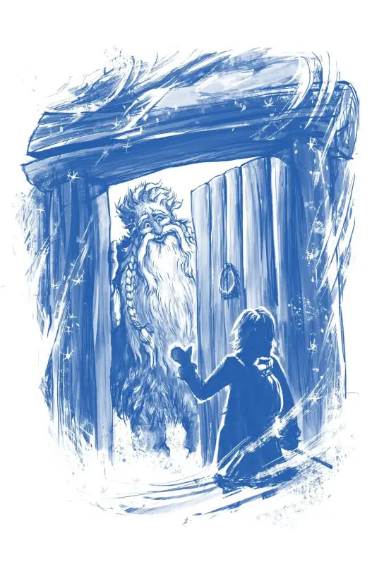 Blue-toned illustration of a child encountering a bearded figure in a doorway.