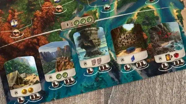 Lost Ruins of Arnak adventure board game map with vibrant terrain and card slots Lost Ruins of Arnak adventure board game map with vibrant terrain and card slots