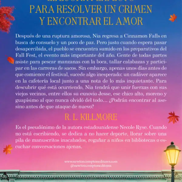 Blue and gold Cinnamon Falls book cover with autumn leaves Blue and gold Cinnamon Falls book cover with autumn leaves