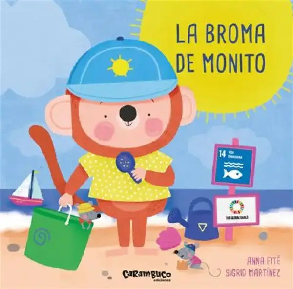 Blue and yellow caped monkey holding green sailboat bag from La Broma by Anna Fité early readers Blue and yellow caped monkey holding green sailboat bag from La Broma by Anna Fité early readers