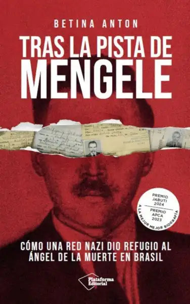 Red book cover by Betina Anton tracking Mengele, torn photo face Red book cover by Betina Anton tracking Mengele, torn photo face