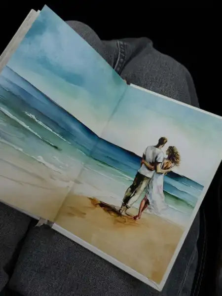 Watercolor painting of a couple on a beach from On the World of Love by marina kiose English books Watercolor painting of a couple on a beach from On the World of Love by marina kiose English books