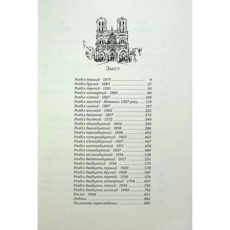 Table of contents from a book featuring Notre-Dame, listing historical events and dates.