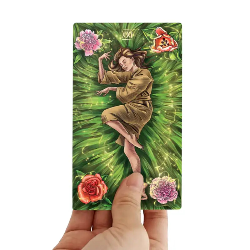 Tarot card from Power of Nature Tarot Ukrainian Edition featuring a woman in a flower field Tarot card from Power of Nature Tarot Ukrainian Edition featuring a woman in a flower field