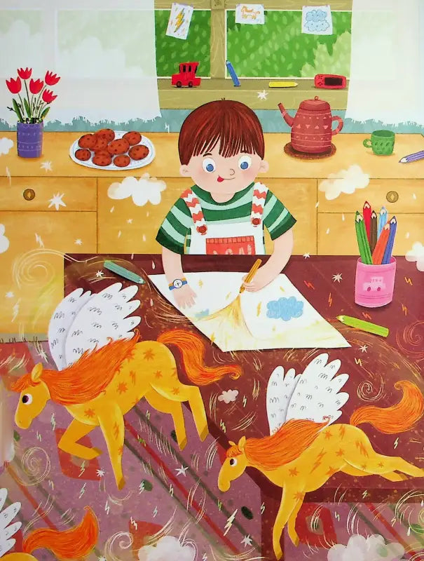 Child drawing winged horses in a beautifully illustrated children’s book Reading About Ukraine