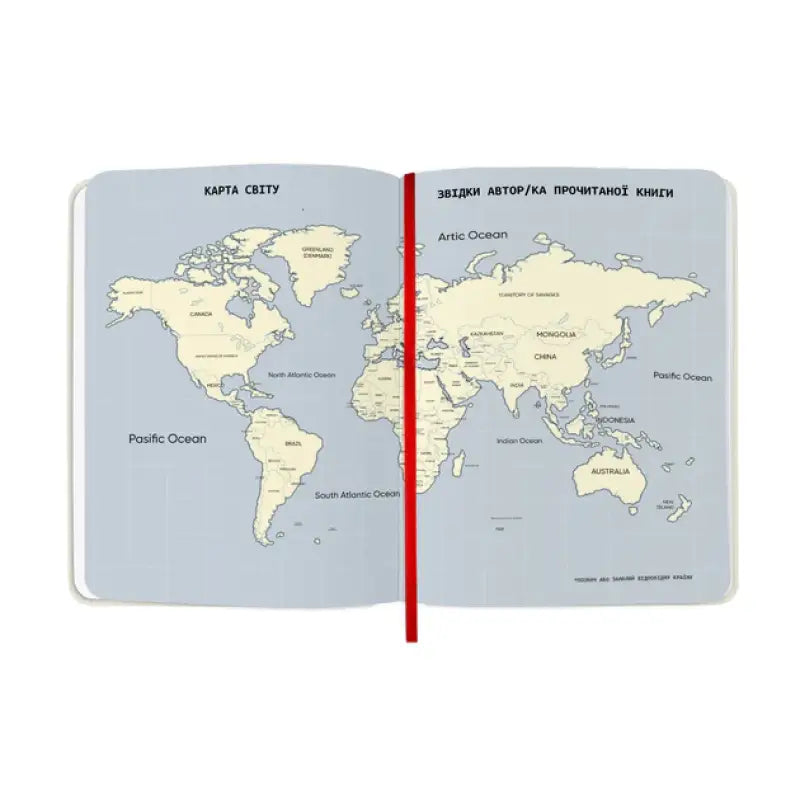 Open hardcover A5 journal with world map for book reviews and reader profiles Open hardcover A5 journal with world map for book reviews and reader profiles
