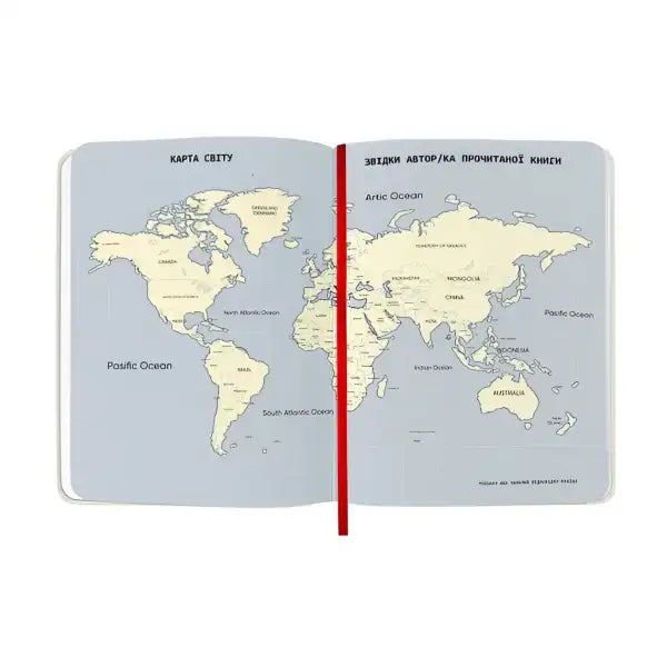 Open hardcover A5 journal with world map for book reviews and reader profiles Open hardcover A5 journal with world map for book reviews and reader profiles
