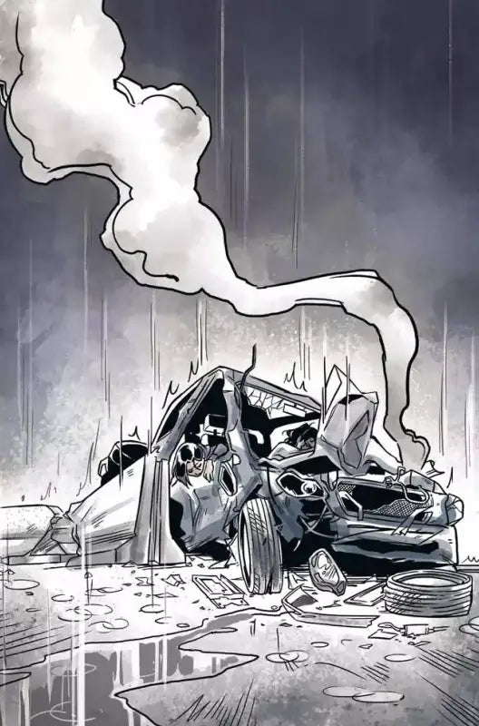 Wrecked, smoking car.