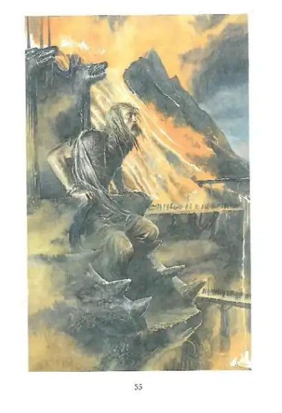 Illustration from The Children of Húrin showing a bearded man in ragged clothes in a fiery landscape with jagged mountains, ideal for fans of epic books and fantasy stories Illustration from The Children of Húrin showing a bearded man in ragged clothes in a fiery landscape with jagged mountains, ideal for fans of epic books and fantasy stories
