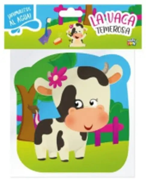 Vaca Temerosa cow sticker with black spots, pink flowers on ears for bath book Vaca Temerosa cow sticker with black spots, pink flowers on ears for bath book