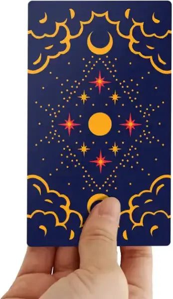 Tarot card with celestial design from The Golden Deck showing upright and reversed meanings Tarot card with celestial design from The Golden Deck showing upright and reversed meanings