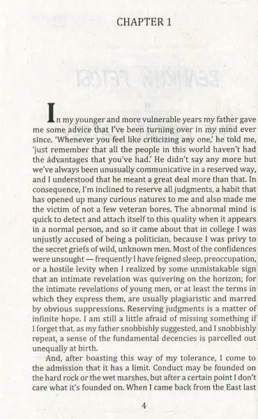 Page from a novel in The Great Gatsby by Scott Fitzgerald showcasing classic books Page from a novel in The Great Gatsby by Scott Fitzgerald showcasing classic books