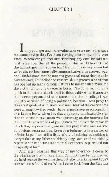 Page from a novel in The Great Gatsby by Scott Fitzgerald showcasing classic books Page from a novel in The Great Gatsby by Scott Fitzgerald showcasing classic books