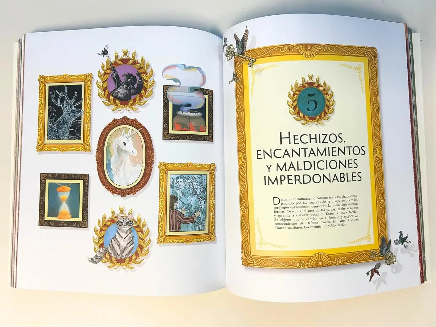 Open book with illustrations and text from the Harry Potter Wizarding Almanac