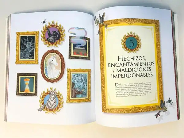 Open book with illustrations and text from The Harry Potter Wizarding Almanac, a wizarding world almanac Open book with illustrations and text from The Harry Potter Wizarding Almanac, a wizarding world almanac