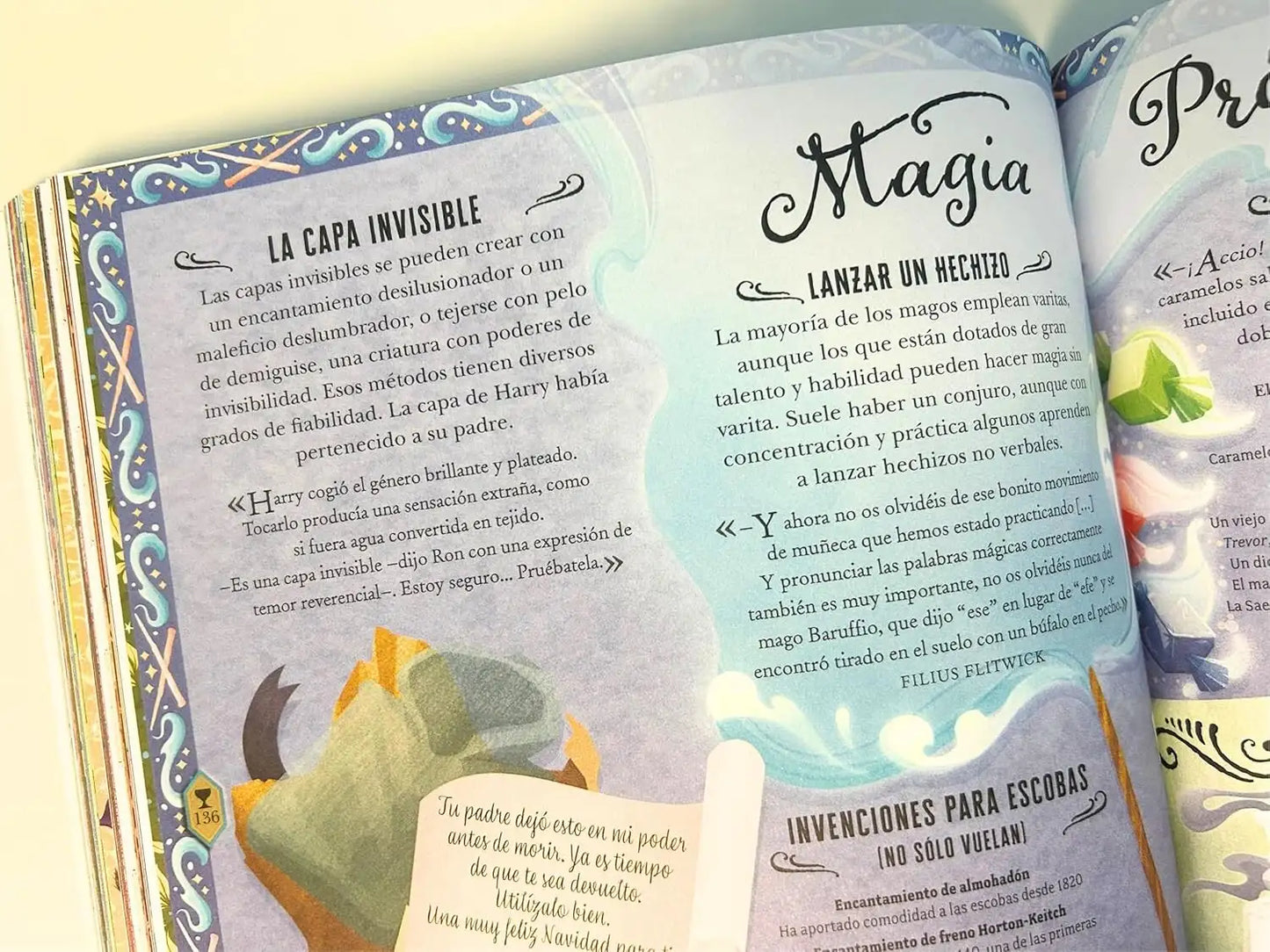 Open book with magical content from the Harry Potter Wizarding Almanac featuring wizarding spells