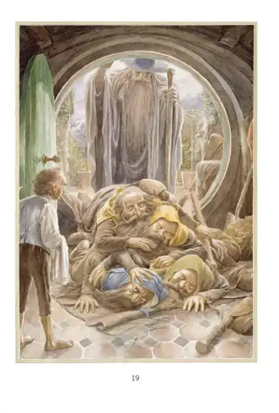 Illustration from The Hobbit by Alan Lee showing hobbit, Gandalf, and dwarves in a hobbit-hole Illustration from The Hobbit by Alan Lee showing hobbit, Gandalf, and dwarves in a hobbit-hole
