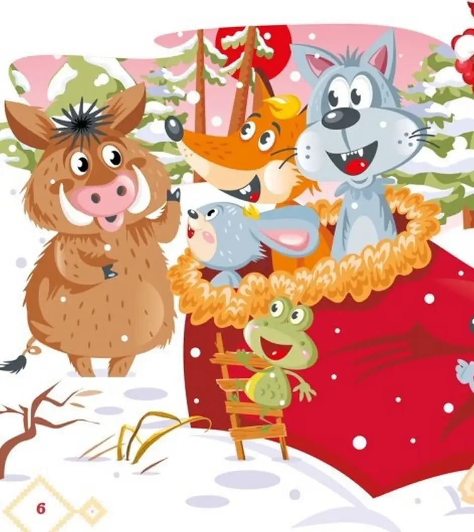 Cartoon animals in a sack from the Ukrainian folk tale The Mitten, a folk tale-inspired toy